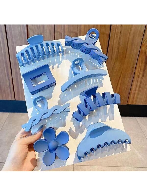 8pcs Women's Acrylic Shark Hair Clips Set For Shopping, Dating, And Playing Blue