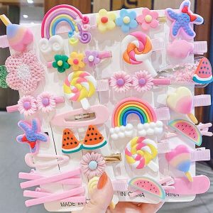 28pcs/Set OPP Packaging, No Card, Girls Pink Flower, Fruit, Rainbow Princess Hair Clips & Pins Accessories Set Multicolor