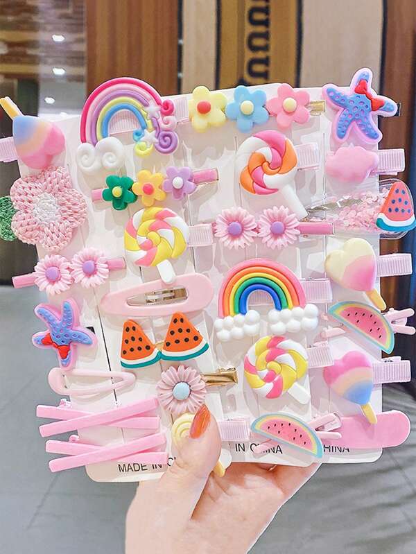 28pcs/Set OPP Packaging, No Card, Girls Pink Flower, Fruit, Rainbow Princess Hair Clips & Pins Accessories Set Multicolor