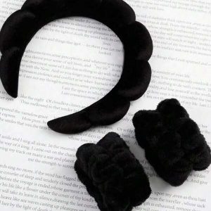 3pcs Solid Bath Headband & Bath Wrist Band Set Black