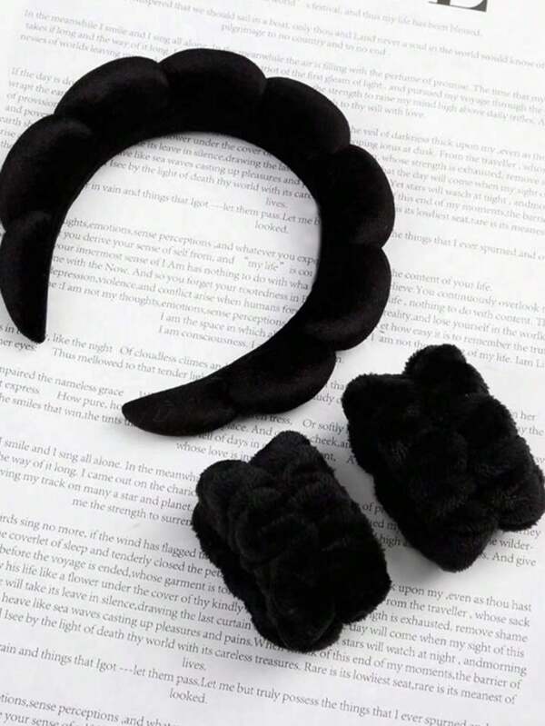 3pcs Solid Bath Headband & Bath Wrist Band Set Black