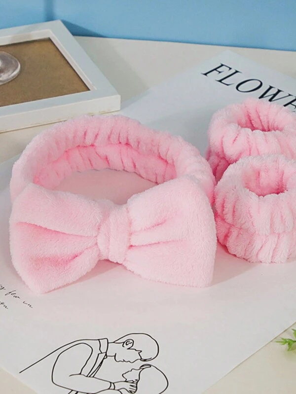 1/2/3pcs, Face Wash Headband Korean Super Fairy Sweet Big Bow Headband Super Wide High Elastic Sports Headband Pink