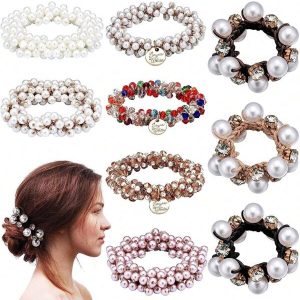 3pcs/set Elegant Pearl & Rhinestone Decor Hair Ties For Women, Korean-style Hair Accessories Multicolor