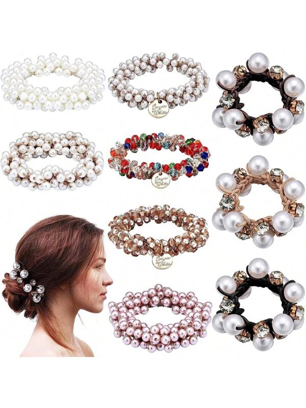 3pcs/set Elegant Pearl & Rhinestone Decor Hair Ties For Women, Korean-style Hair Accessories Multicolor