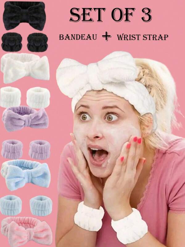 3pcs/Set Headband, Wristband, Face Towel - Bow Headband, Headband + Wristband, Face & Wrist Towel, Reusable Water Absorbent For Face Washing, Yoga, Makeup, Travel - Solid Colors, Plush Multicolor