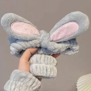 1Pc/2pcs/3pcs 1 Rabbit Ear Shower Headband, 2 Face Washing Wrist Bands, 1 Rabbit Ear Headband And 2 Face Washing Wrist Band Set Grey