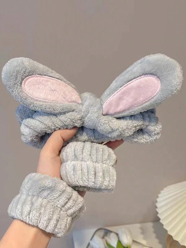 1Pc/2pcs/3pcs 1 Rabbit Ear Shower Headband, 2 Face Washing Wrist Bands, 1 Rabbit Ear Headband And 2 Face Washing Wrist Band Set Grey