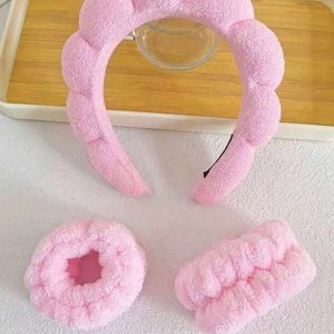 3pcs Solid Bath Headband & Bath Wrist Band Set Pink