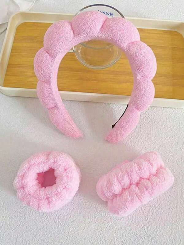 3pcs Solid Bath Headband & Bath Wrist Band Set Pink