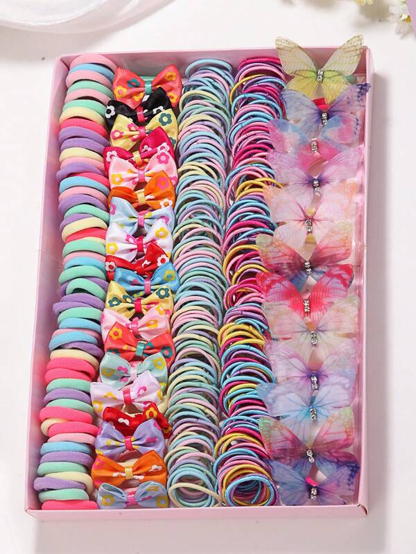 266pcs Girls Multicolored Hair Ties Set, Beautiful Hair Accessories Bowknot Hairbands, Elastic Rubber Bands Collection For Ponytail Hairstyling Multicolor