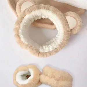 1pc Two Tone Ear Decor Plush Bath Headband & 2pcs Bath Wrist Band Khaki