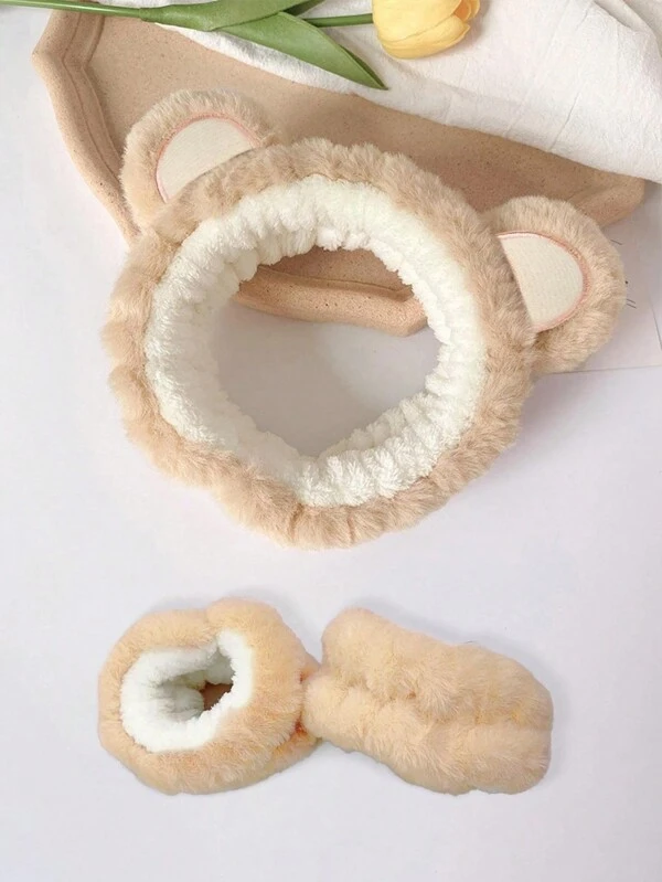 1pc Two Tone Ear Decor Plush Bath Headband & 2pcs Bath Wrist Band Khaki