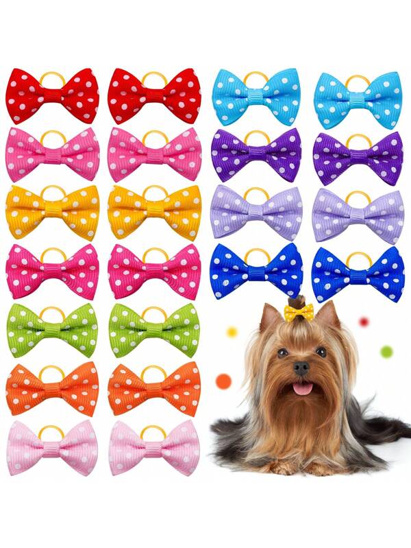 20pcs Random Polka Dot Bowknot Hair Tie Elastic Scrunchies For Dogs And Cats, Pet Headwear Accessories Multicolor