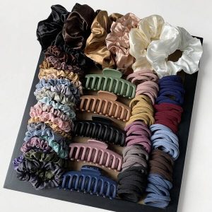 131pcs Simple Hair Clips & Ties Set, Korean Style, No Break Elastic Ponytail Holders, Morandi Color Series Multicolor