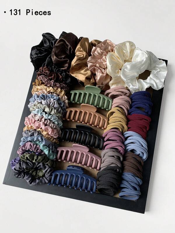 131pcs Simple Hair Clips & Ties Set, Korean Style, No Break Elastic Ponytail Holders, Morandi Color Series Multicolor