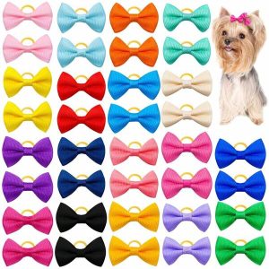 1set/10pcs New Cute Macaron Color Solid Pet Hair Bows Elastic Bands Headwear Accessories For Cat & Dog Multicolor