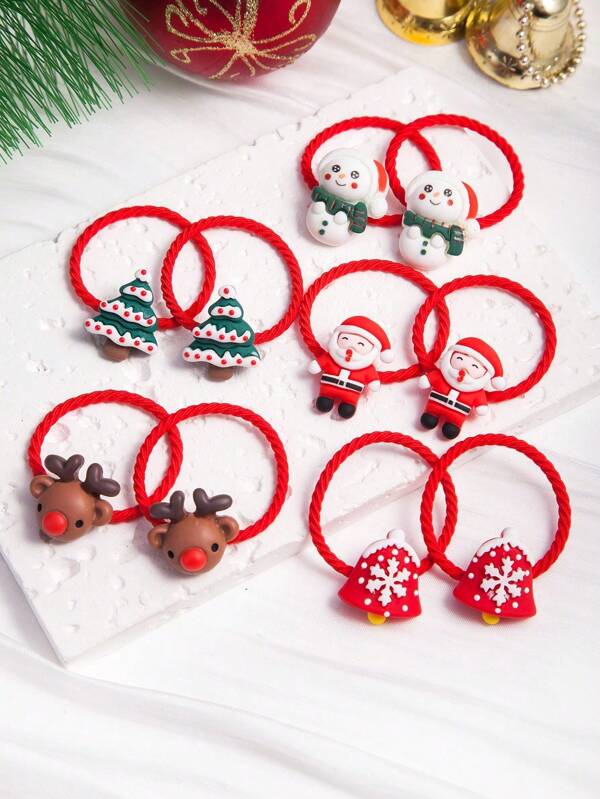 10PCS Girls Red Christmas Decorations, Cute Cartoon Santa Christmas Tree Christmas Snowflake Christmas Elk Tie Hair Rubber Band Hair, Suitable For Baby Girls Christmas And Daily Use Multicolor