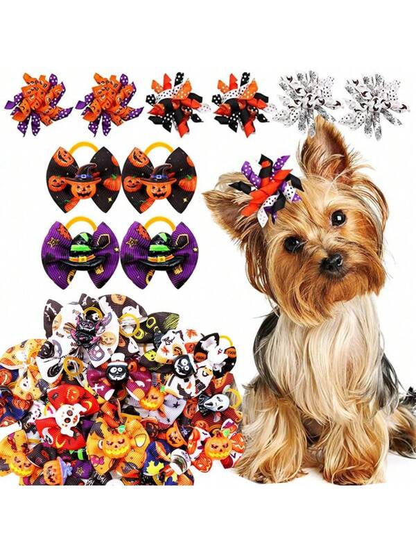 20pcs Random Color Pet Halloween Decorative Bow Ties Hairbands For Dogs, Cats, Bunnies, Yorkshire Terriers And Other Small Pets Multicolor