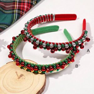 1pc Cute Christmas Bell Velvet Headband, Red & Green Two-Tone, Party Costume Accessory Halloween Multicolor