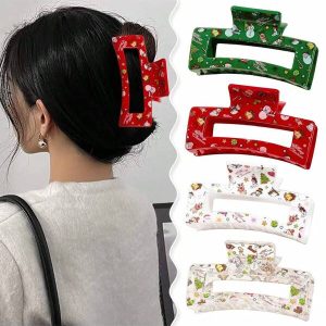 4pcs Christmas Square Hairpins Cute Printed Hair Claw High-End European And American Popular Hair Accessories Multicolor