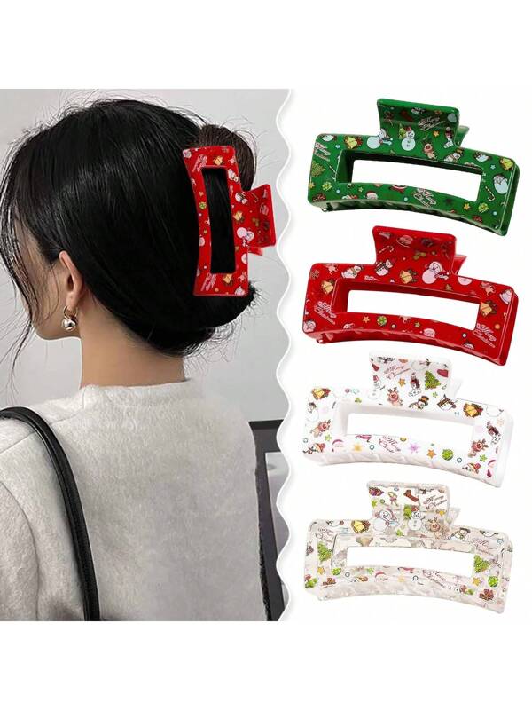 4pcs Christmas Square Hairpins Cute Printed Hair Claw High-End European And American Popular Hair Accessories Multicolor