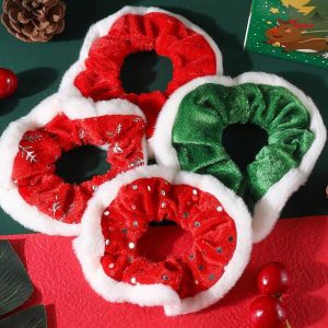 2/4 Pcs Girls Velvet Christmas Scrunchies, Green Red Furry Fuzzy Sequin Dotted, Snowflake Printed Hair Ties, Elastic Hair Bands Hair Ropes Ponytail Holder Hair Accessories For Christmas Party And New Years' Day Multicolor