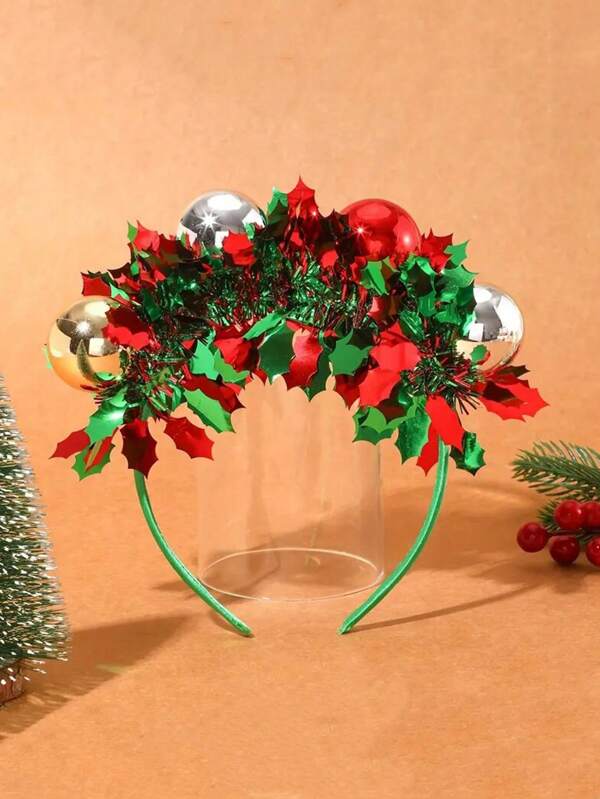 1pc Holiday Christmas Headband With Red & Green Ball Decor, Polyester Handwash Material, Suitable For Party And Gift Giving Multicolor