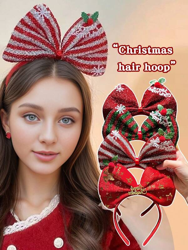 1/2/4pcs Women Red Christmas Bowknot Headband, Elegant Fashion Holiday Hair Accessories Multicolor