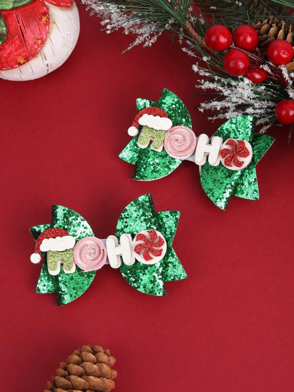 2pcs Girls Christmas Glitter Hair Clips,Santa Hats&Letter Hairpins Hair Accessories For Christmas Party Multicolor