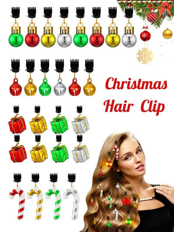 10/20 Pcs Random Color Christmas Hair Clips Facial Beard Ornaments Hair Baubles With Clips Colorful Christmas Beard Lights Bulk Light Up Santa Beard Decor For Xmas Women Men Party Costume Holiday Cosplay, Candy Canes, Gift Boxes And Bell Pendants,Christmas Party Dress Up Multicolor